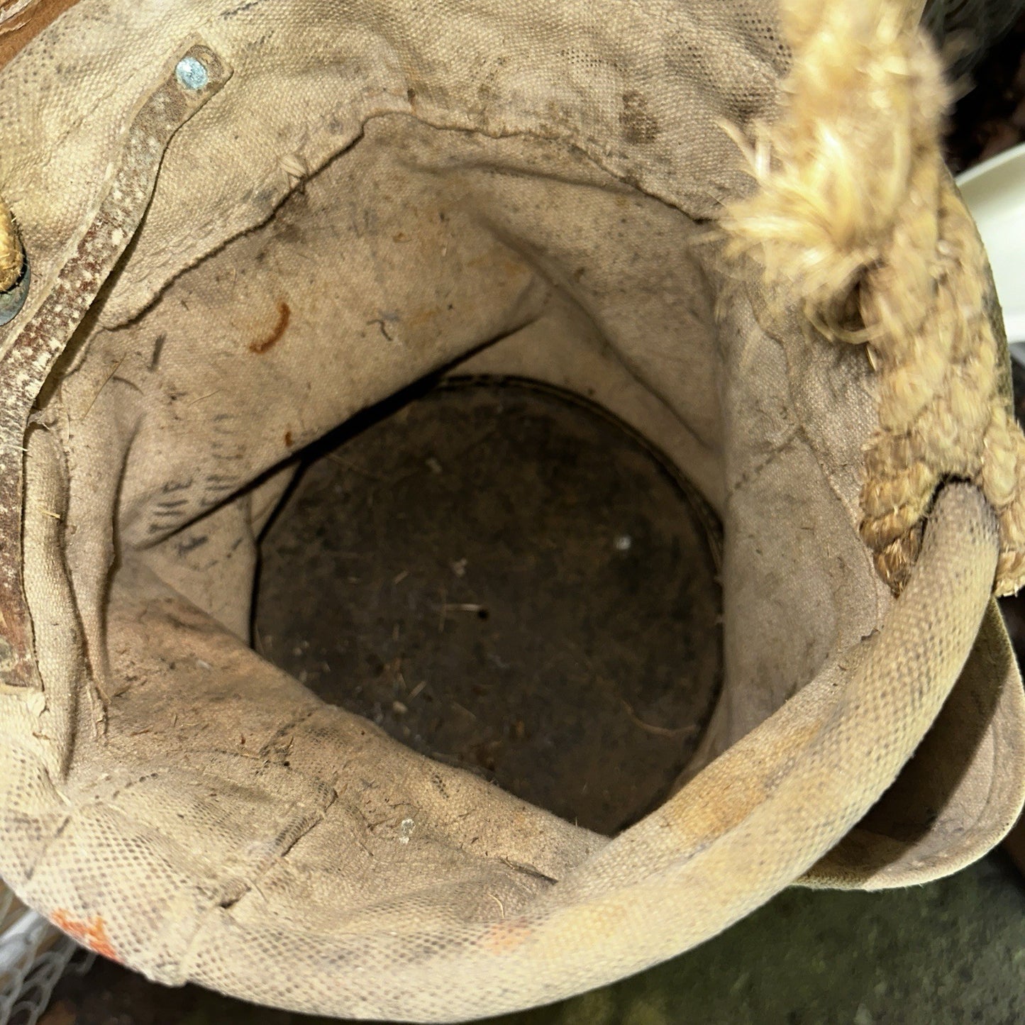 VTG Used Bell System Canvas Bucket Rope Lineman Tool Tote Barn Pulley Antique