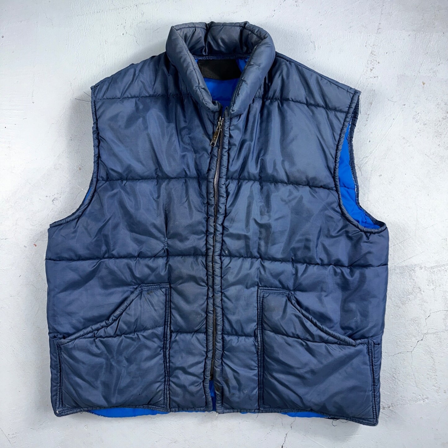 Blue Vintage Vest Warm Winter Puffer Men's L Quilted Zip Up 70s 80s