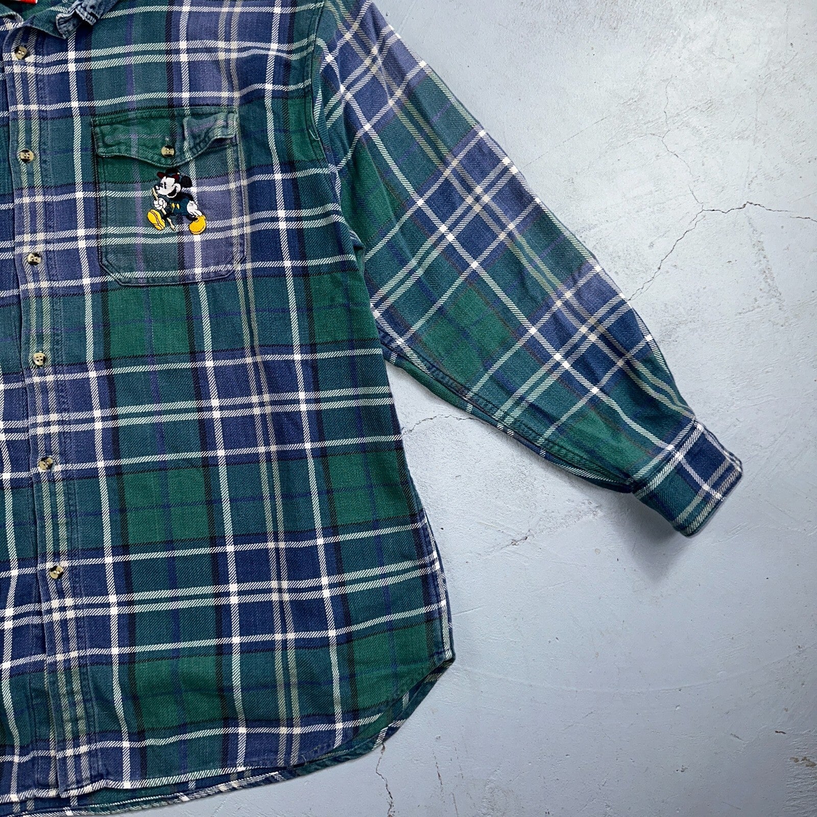 Vintage 90s Disney Mickey 2XL Blue Green Plaid Flannel Shirt Embroidered Pocket