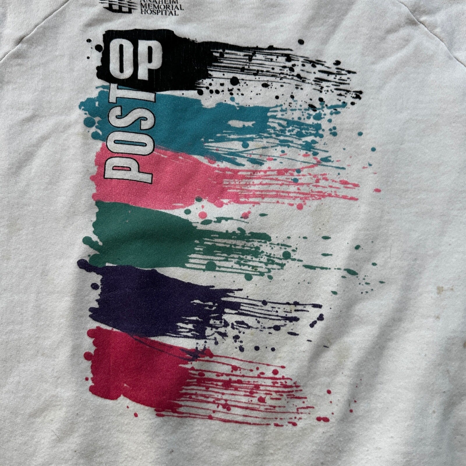 VTG Anaheim Crewneck Sweatshirt 1980s Post Op Hospital Paint Splatter Graphic
