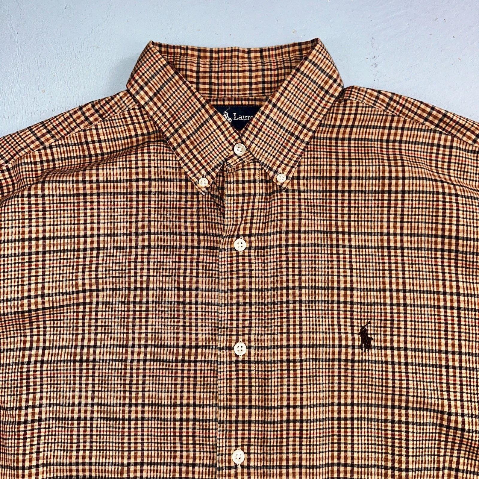Ralph Lauren Blake 100% Cotton Plaid Shirt Size Large Polo Button Down Brown