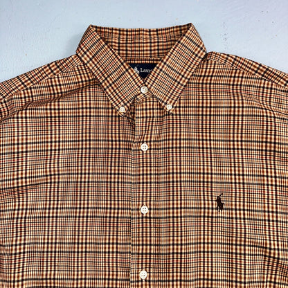 Ralph Lauren Blake 100% Cotton Plaid Shirt Size Large Polo Button Down Brown