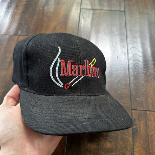 Vintage Marlboro Gear Cigarette Logo 1994 leather Strap Back Hat Cap Black Tags