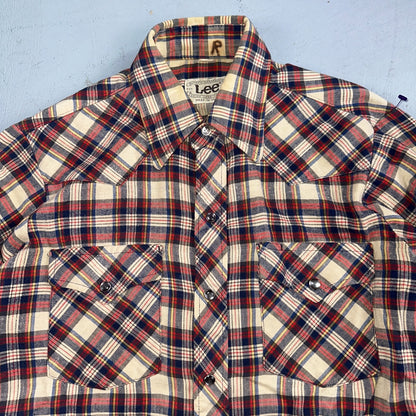 VTG Lee Men's Pearl Snap Extra Long Tails Western Shirt Red Plaid USA Medium 70s