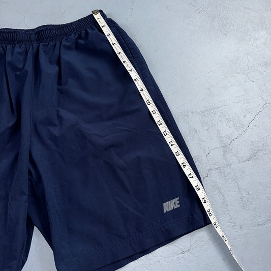 Nike Vintage Blue Nylon Shorts Swoosh Y2K Silver Tag 9” Inseam Running Gym