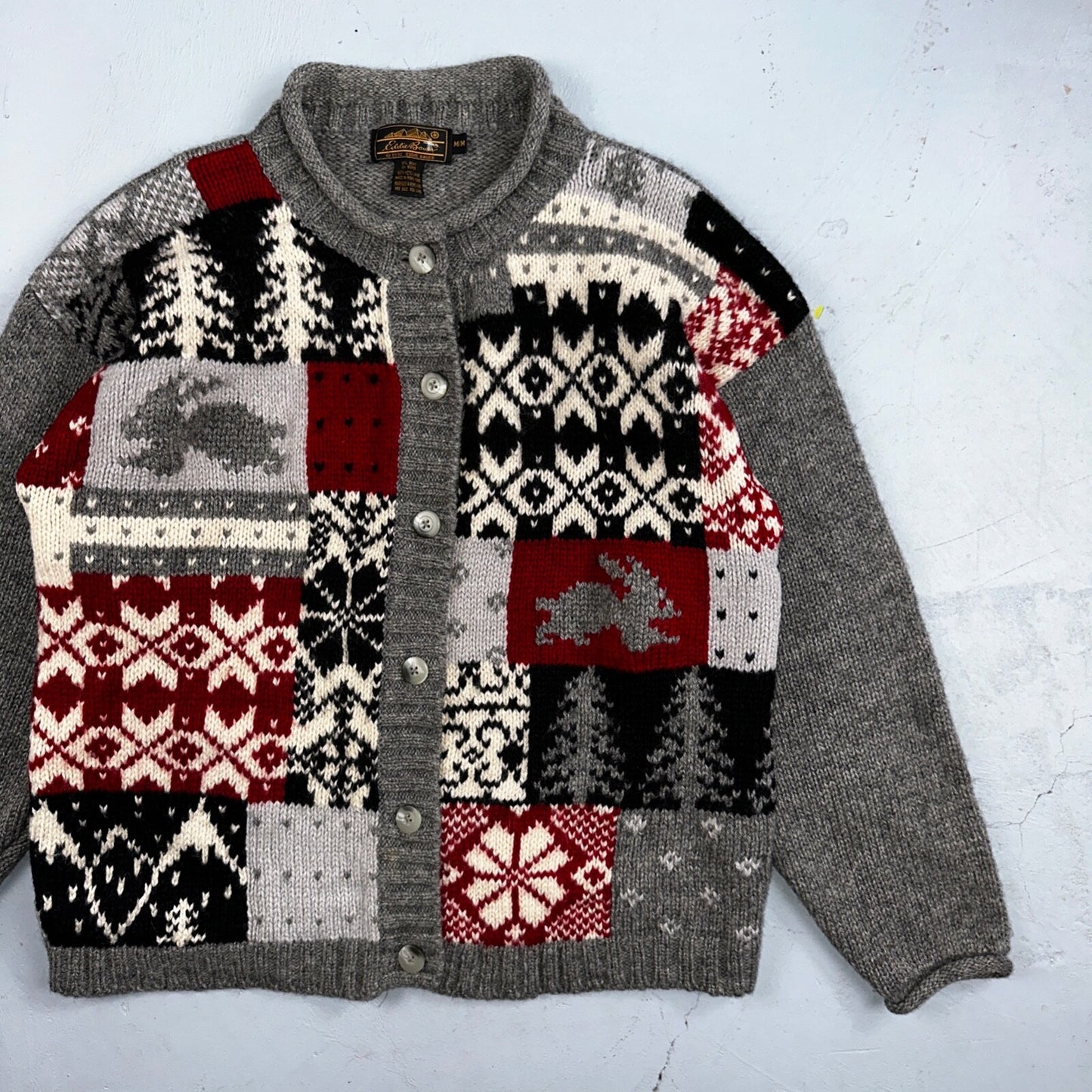 Vintage Eddie Bauer Cardigan Sweater Sz M Gray Snowflake Nordic Patchwork Wool