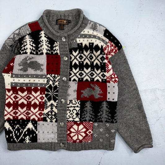 Vintage Eddie Bauer Cardigan Sweater Sz M Gray Snowflake Nordic Patchwork Wool