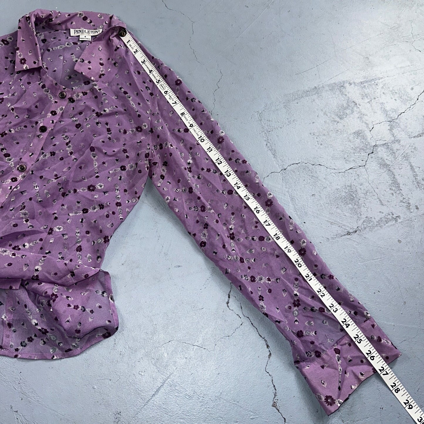 Pendelton 100% Silk Purple Collared Button Down Long Sleeve SZ 4 Petite Flowers