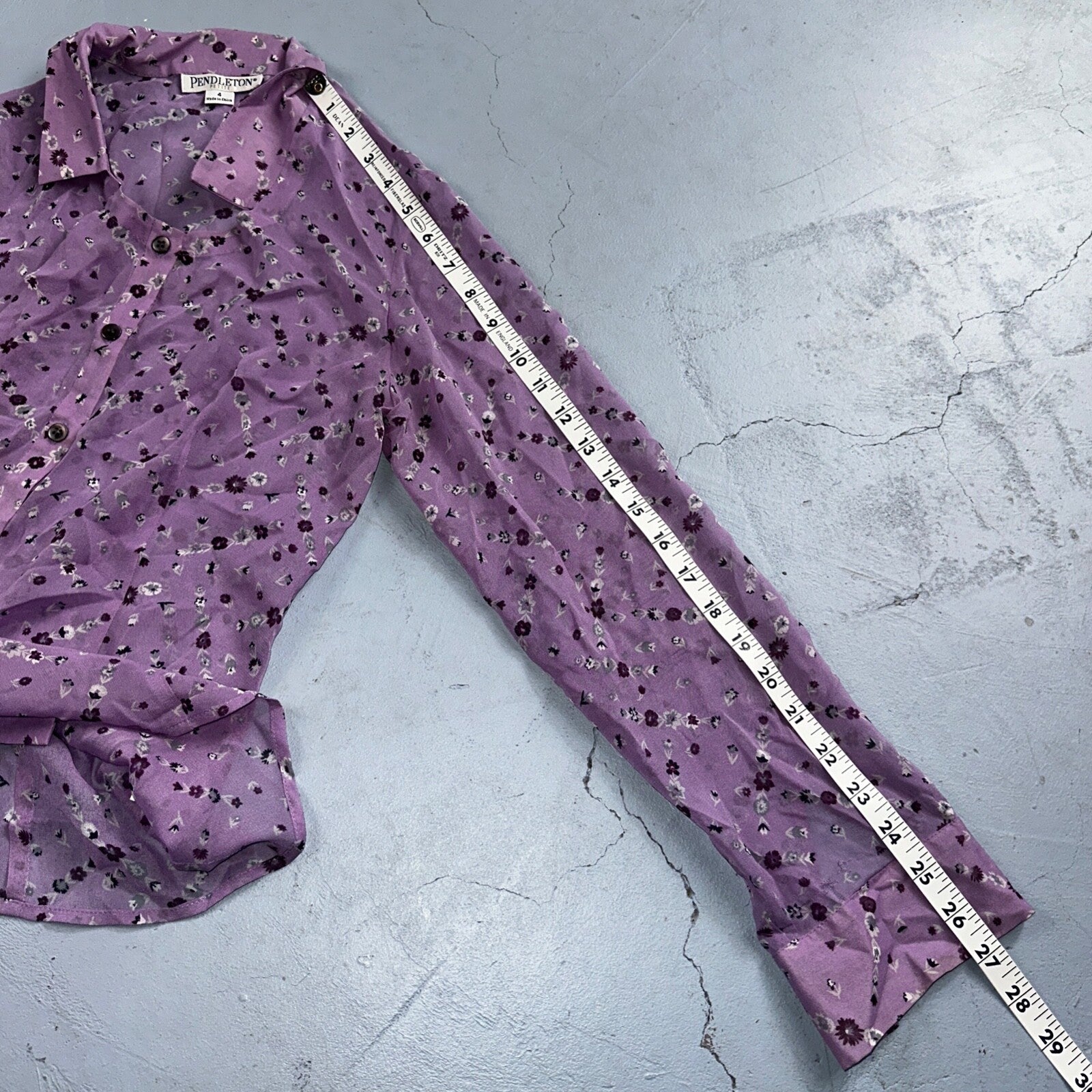 Pendelton 100% Silk Purple Collared Button Down Long Sleeve SZ 4 Petite Flowers