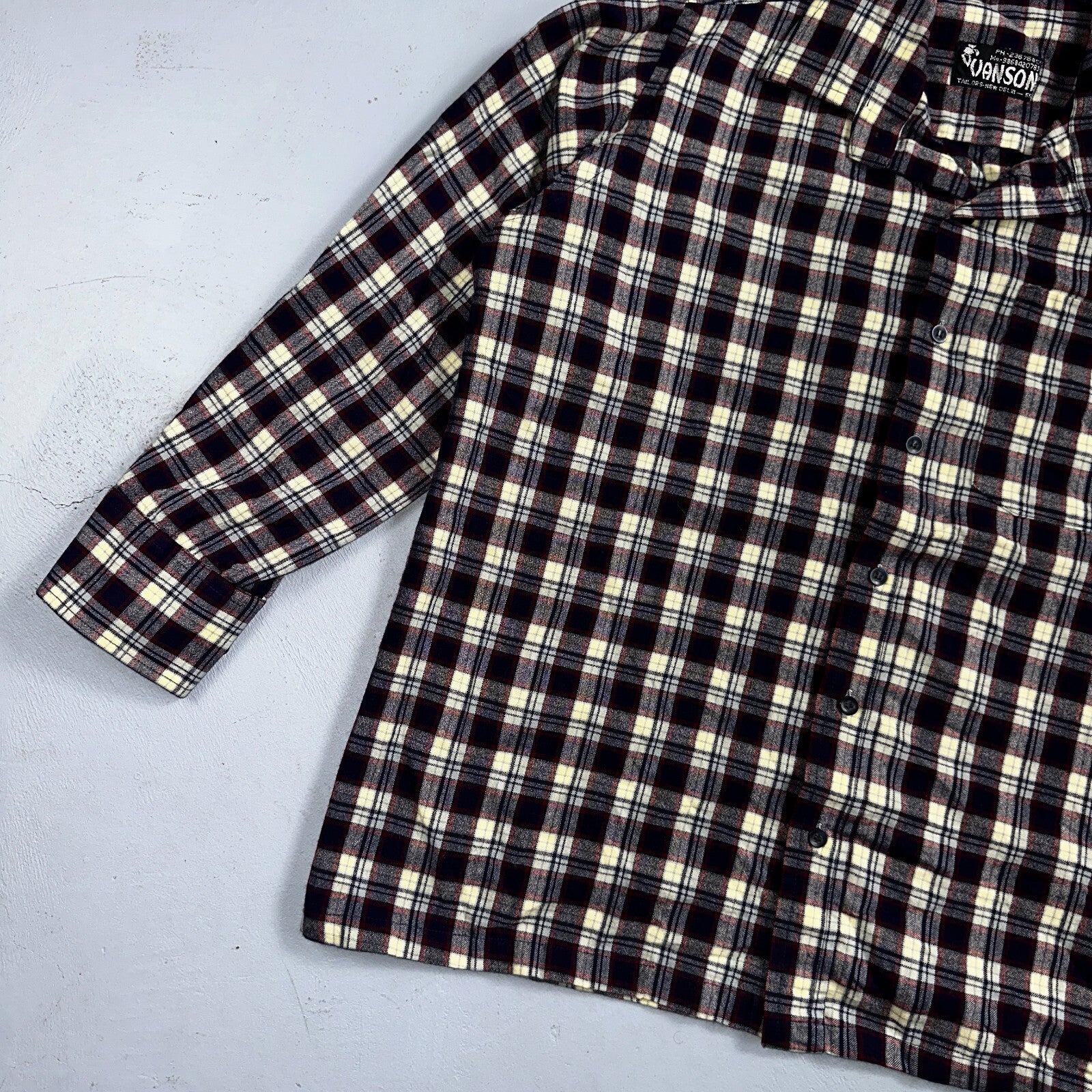Vanson Flannel Shirt Plaid 1960s 1970s Rockabilly Black Red Grunge Wool Like Mat