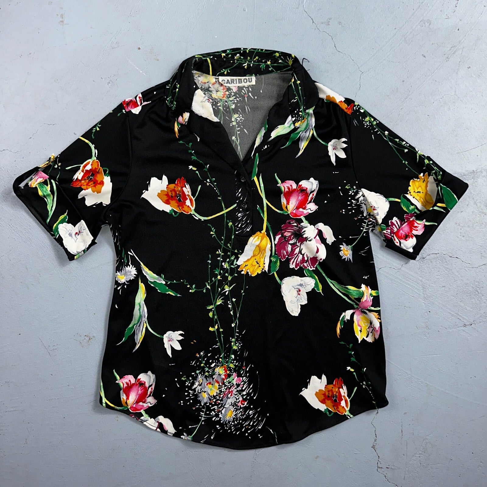 Caribou Made In USA Floral Print Shirt Button Down V Neck Women’s Vintage 1970s