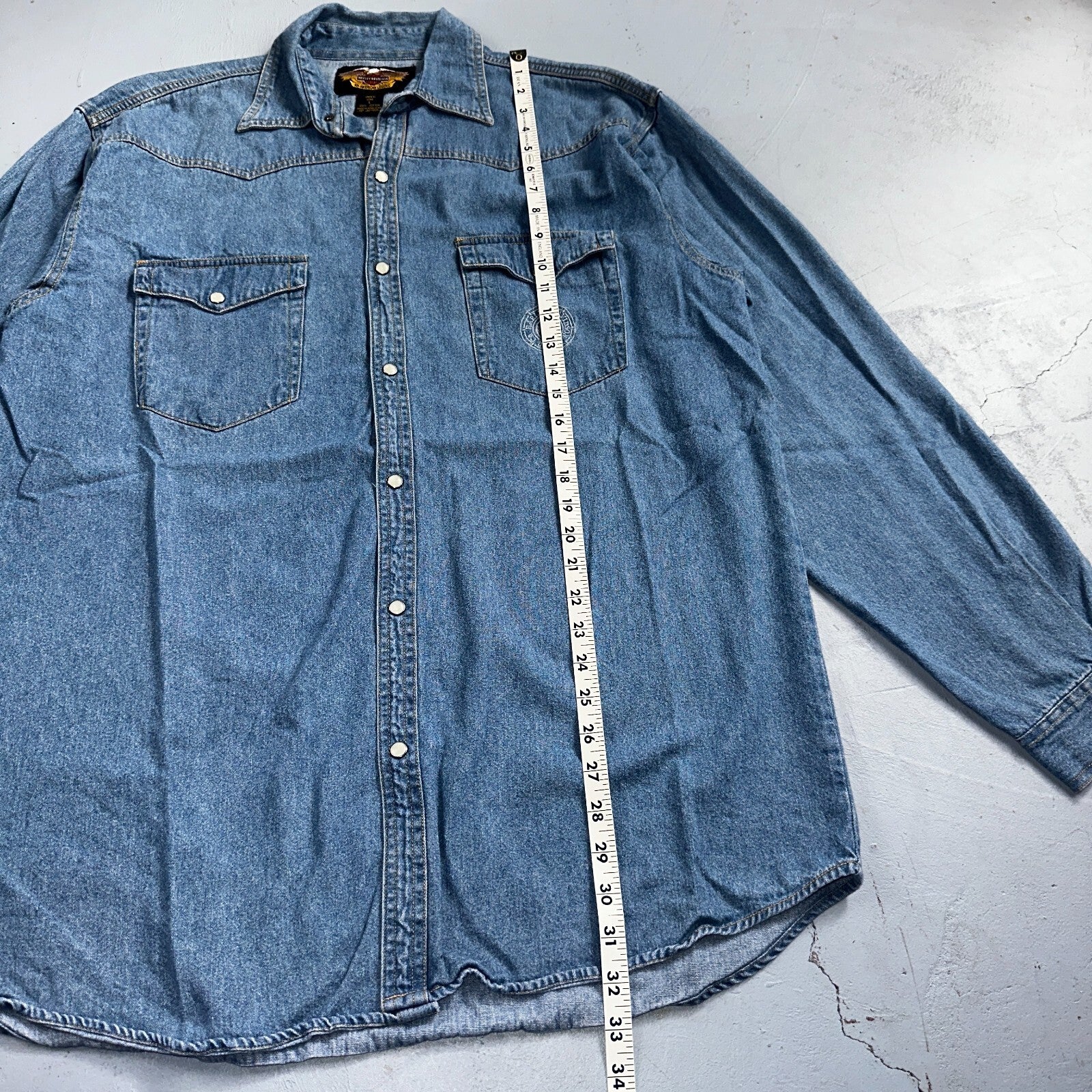 Harley Davidson Shirt Mens Large Long Blue Pearl Snap 90s Vintage Motor