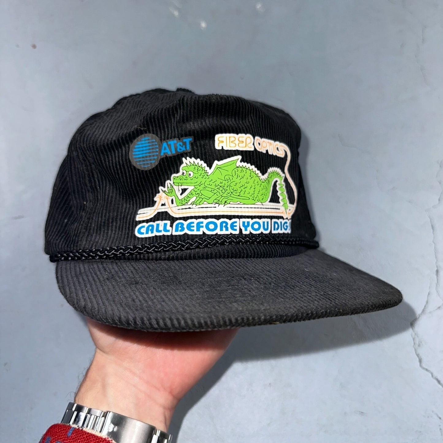 AT&T Fiber Optics Dragon Corduroy VTG Hat Cap Snapback Bell System Telephone Cal