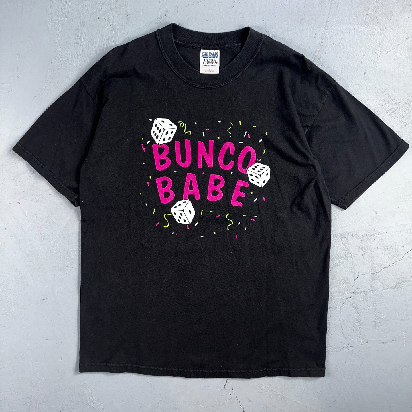 Gamble Dice Bunco Babe VTG T Shirt Gildan Y2K Large Black Las Vegas Confetti