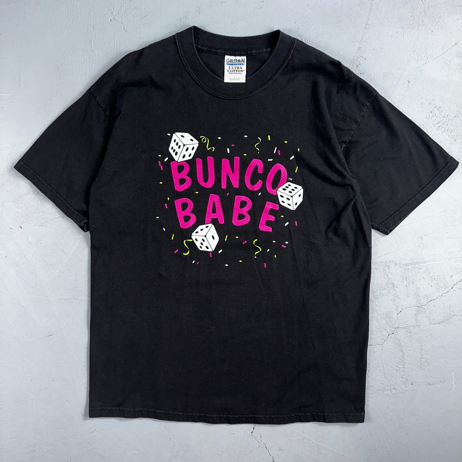 Gamble Dice Bunco Babe VTG T Shirt Gildan Y2K Large Black Las Vegas Confetti