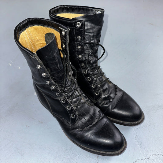 Vintage Justin Black Leather Roper Boots USA 9D Lace-Up Western Logger 506