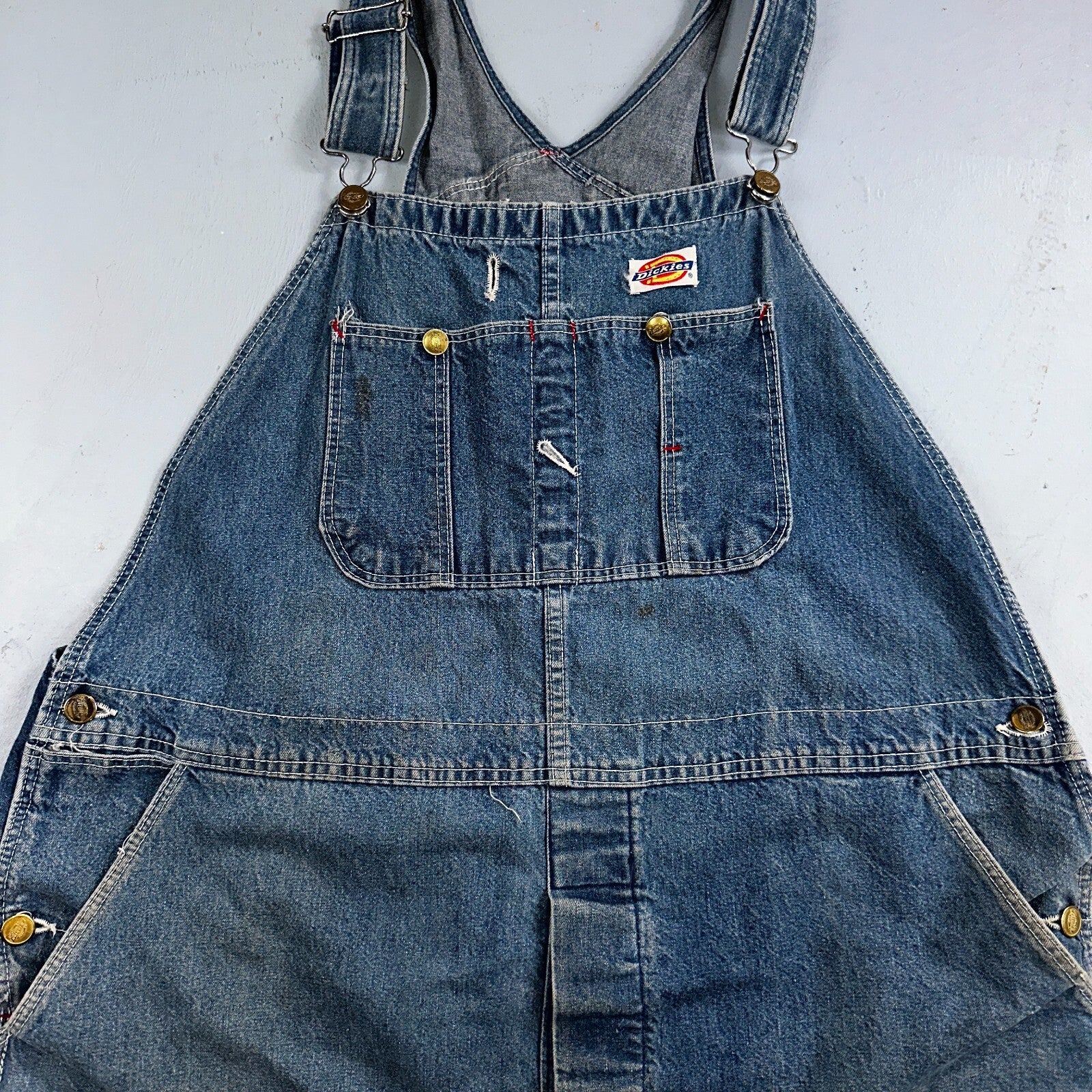 Dickies Vintage 70s Denim Bib Overalls 44x32 Carpenter Indigo Blue Workwear USED
