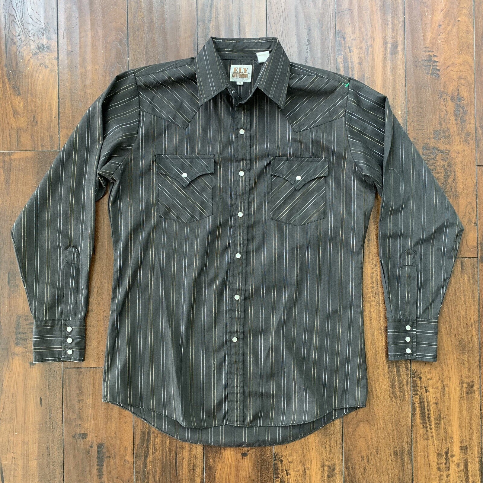 Vintage 60s Ely Cattleman Pearl Snap M Western Shirt Black Silver Gold 70s True