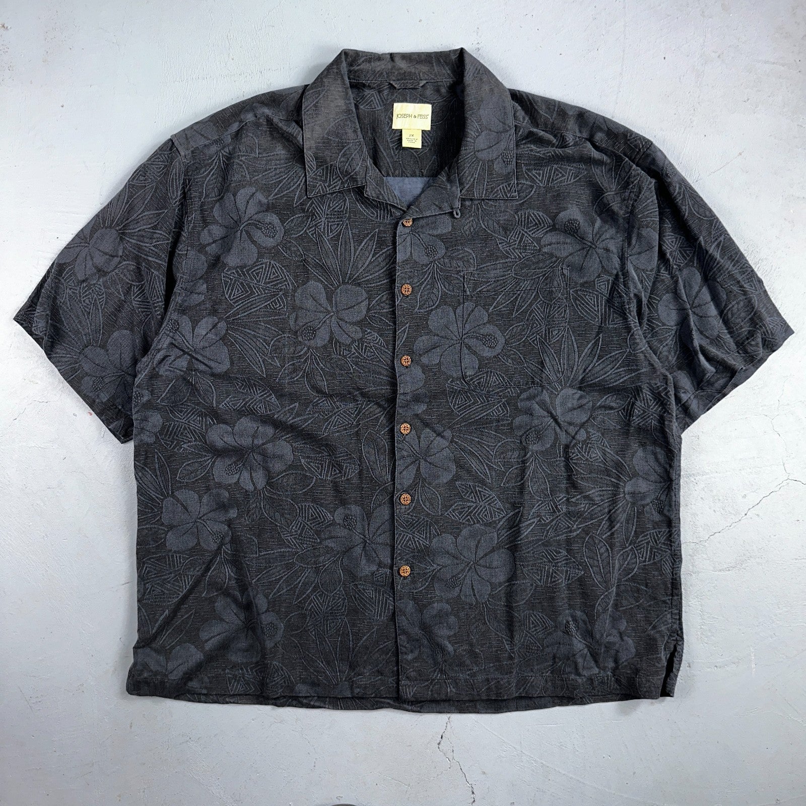 Joseph & Feiss Silk Shirt Mens XXL Short Sleeve Button Up Floral Camp Black Gray