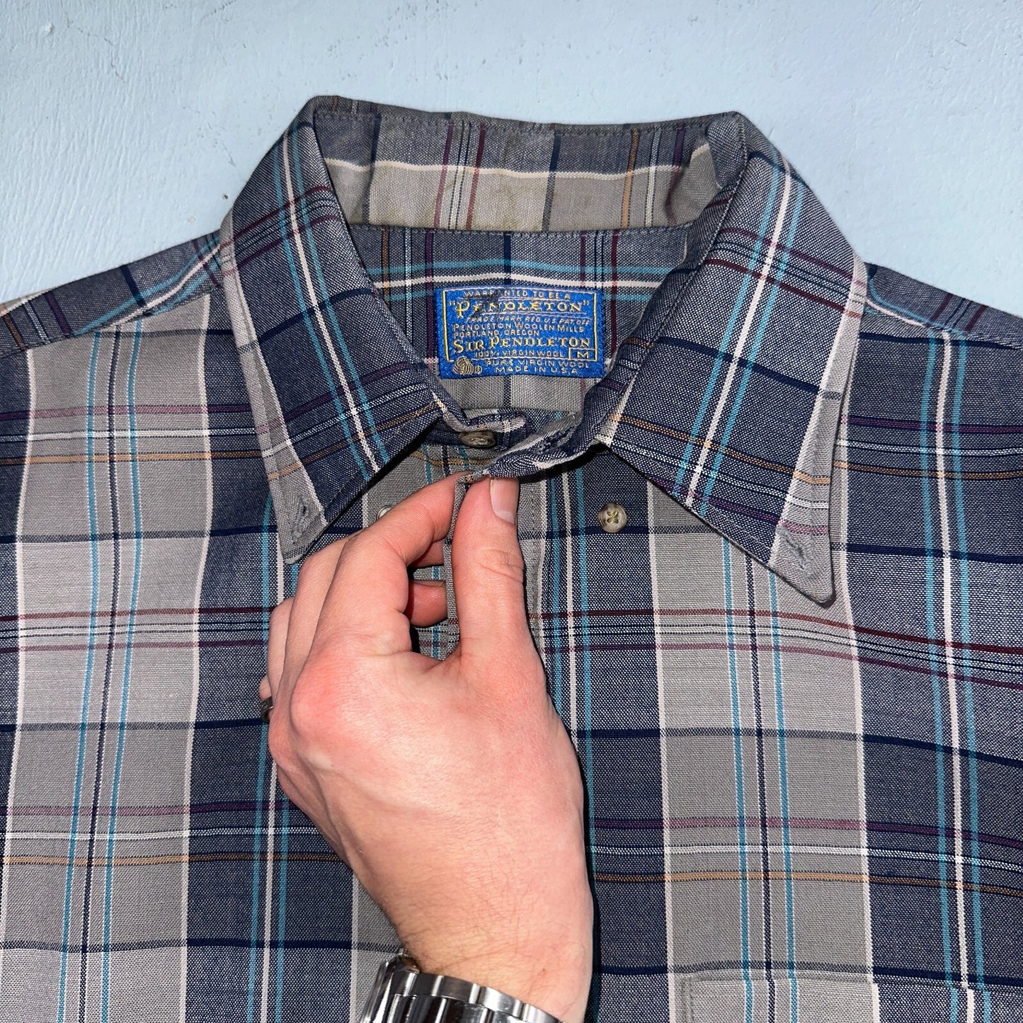 Pendleton Shirt M Blue VTG Virgin Wool Preppy Fireside 60s 70s Outdoors Mens