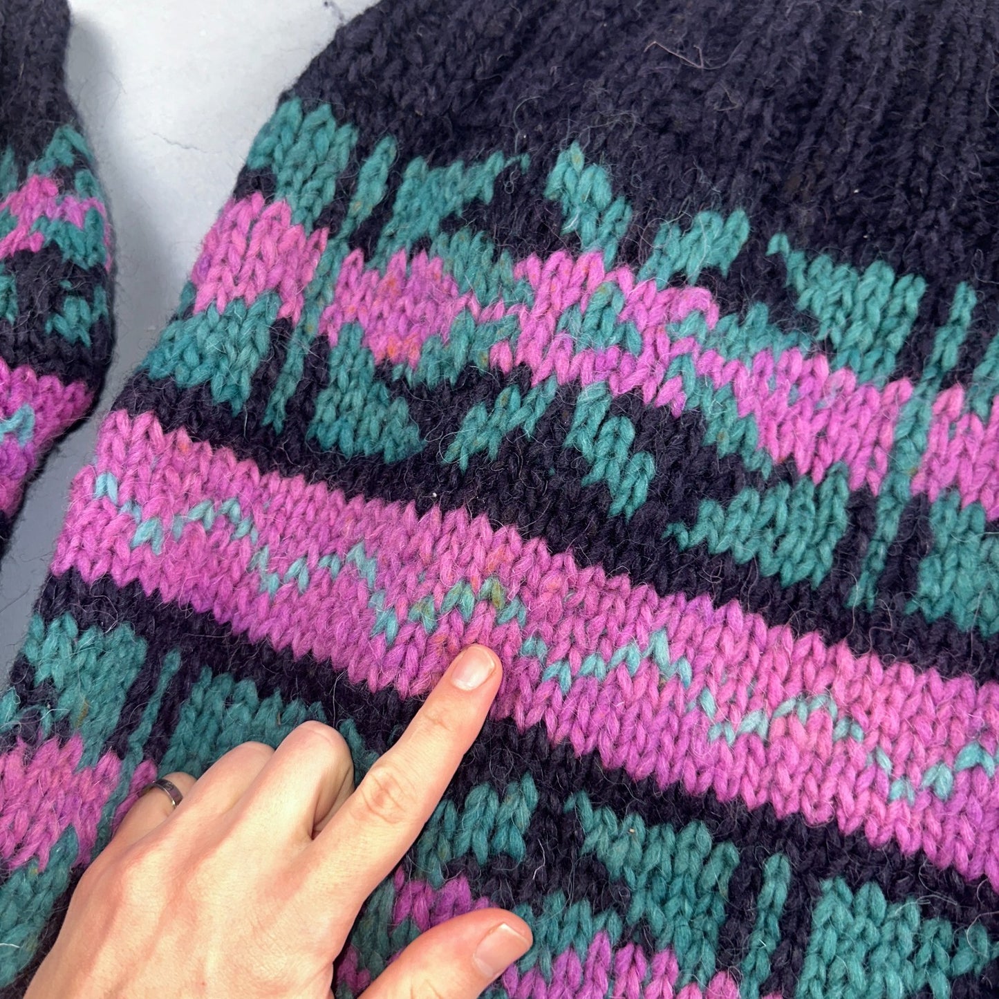 VTG World Class Sweater Purple Striped Wool Hand Made Aztec Geometric 1970s