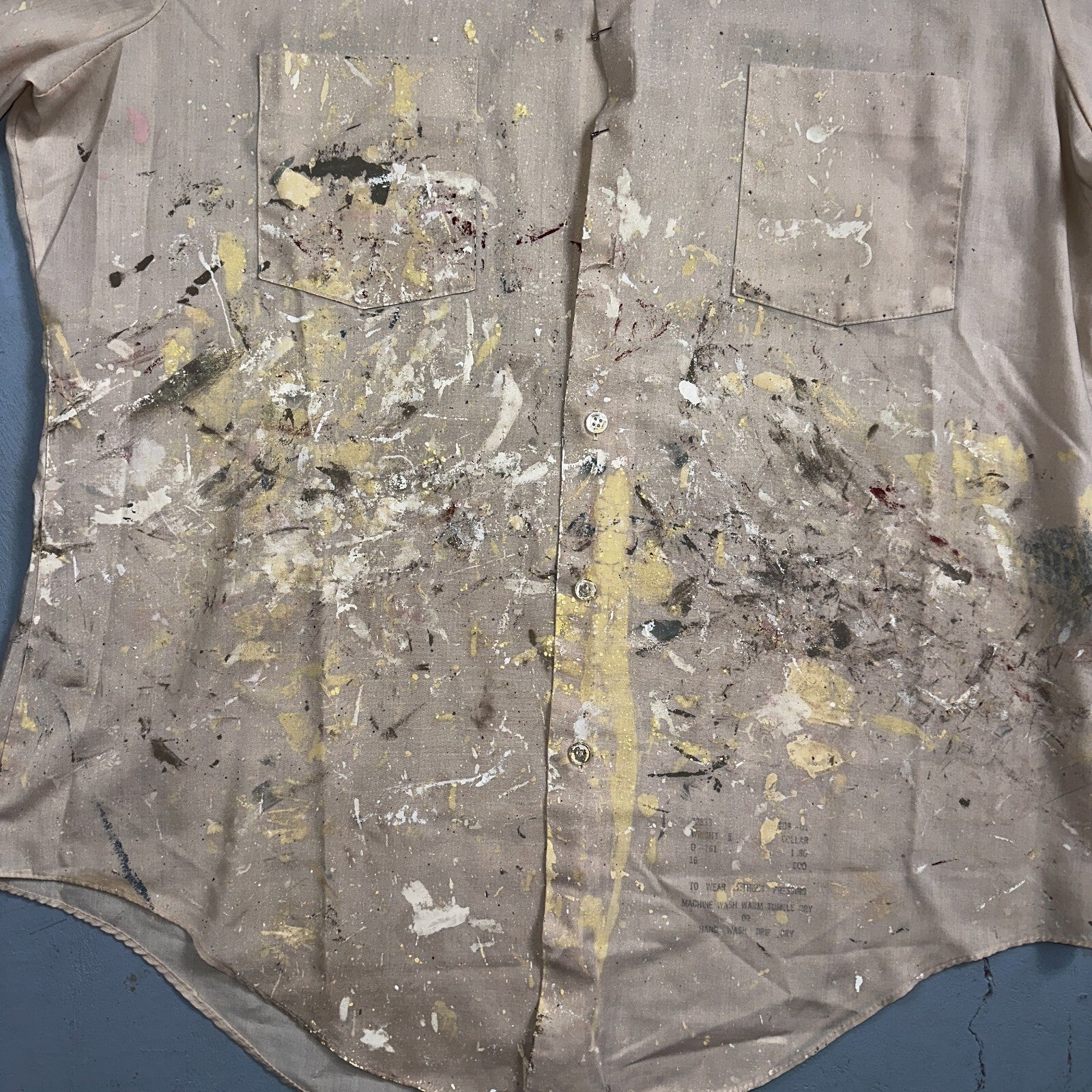 VTG 60s 70s Paint Stained Sears Perma Prest Short Sleeve Camp Shirt 16 Thrashed