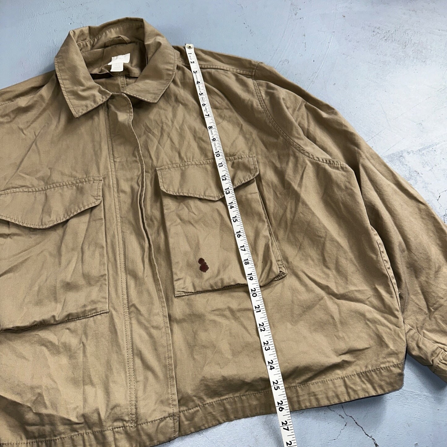 H&M Women’s Boxy Twill Jacket Beige Size XL Military Vintage Crop Style Stained