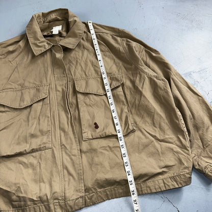 H&M Women’s Boxy Twill Jacket Beige Size XL Military Vintage Crop Style Stained