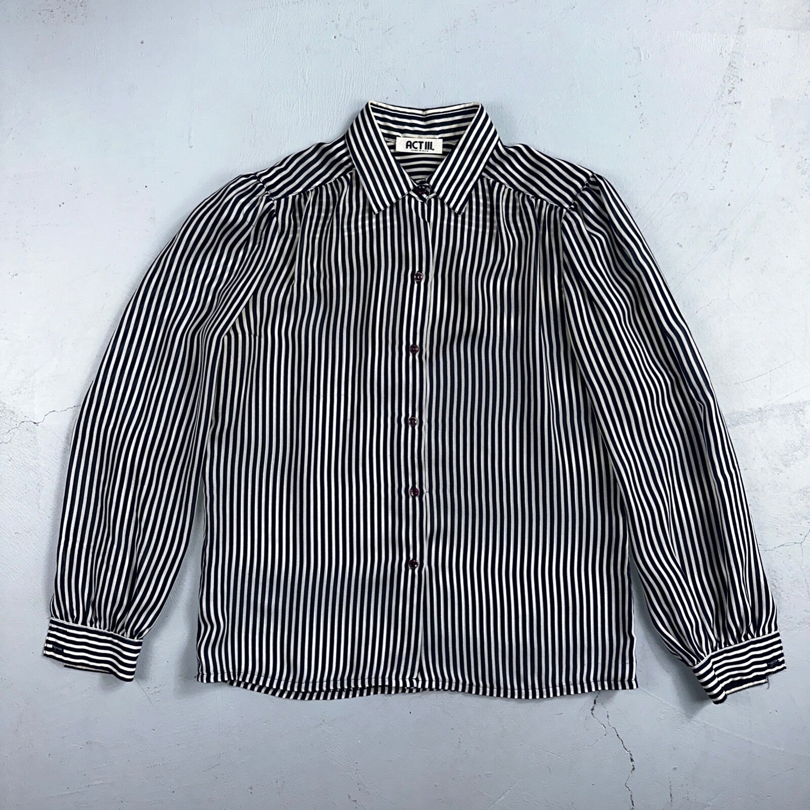 Vintage 1980s Act III Striped Check Blue White Coquette Romantic Shirt US Button