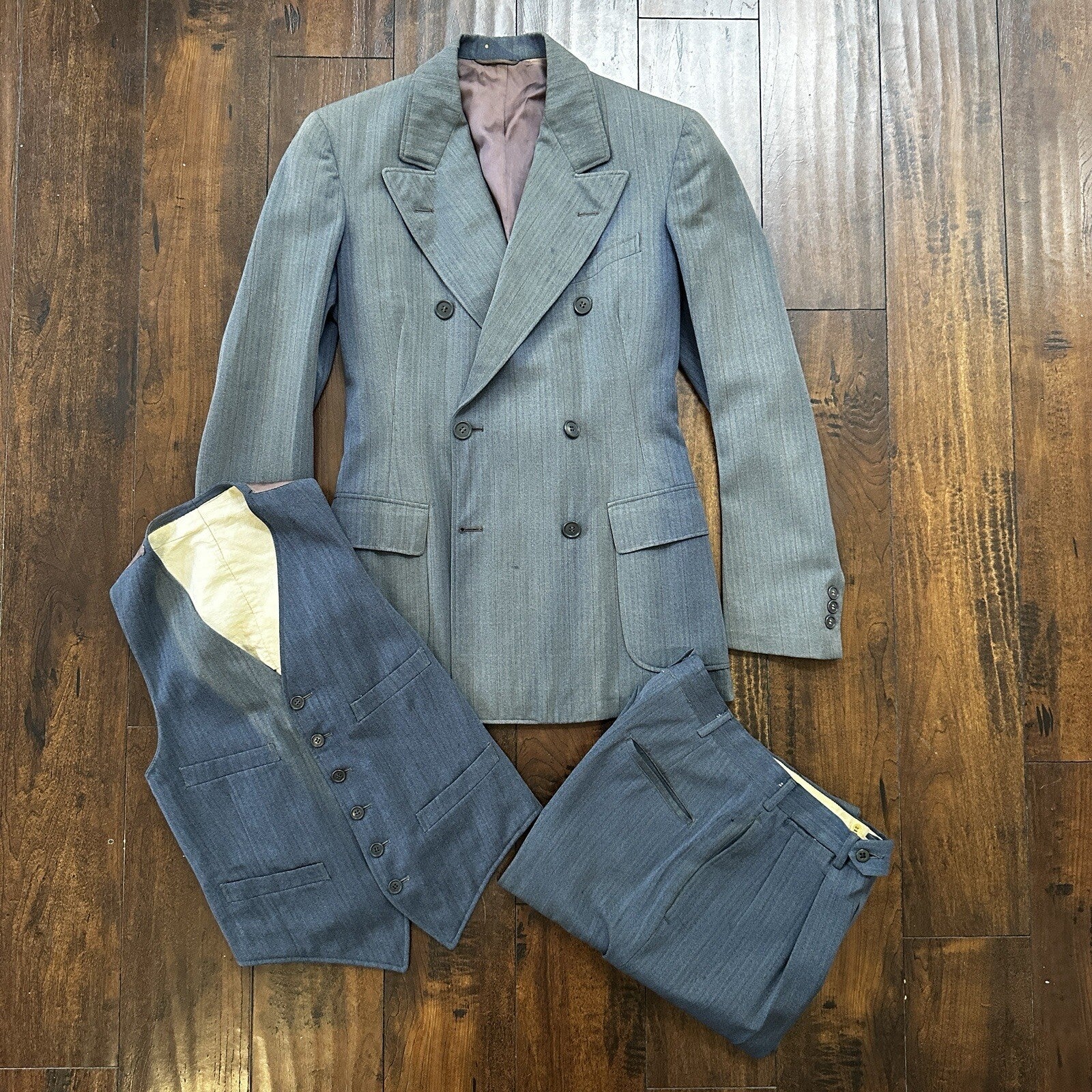 30s 40s 3 pc Pinstripe Blue Double Breasted Suit Belt Back Wool 34 26x31 Faded