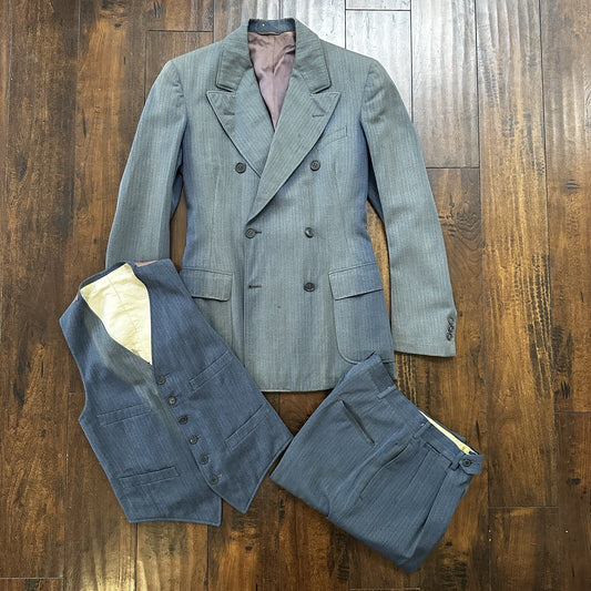 30s 40s 3 pc Pinstripe Blue Double Breasted Suit Belt Back Wool 34 26x31 Faded