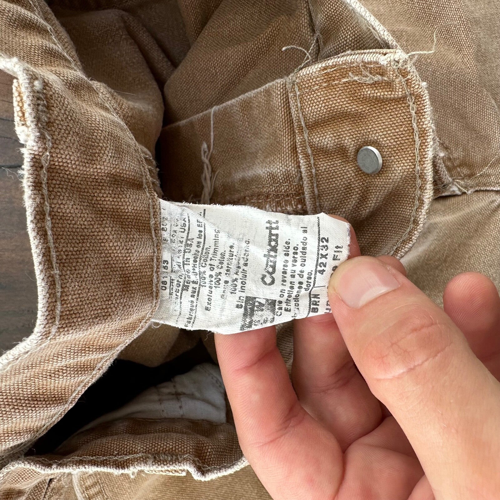 VTG USA Carhartt Thrashed Double Knee Work Dungaree Duck Brown 90s Pants 42x32