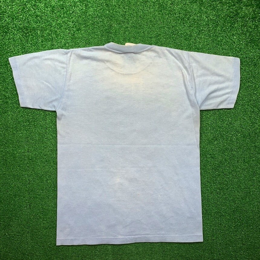 Vintage Nike T Shirt USA Rare Thrashed Blue Travis Block Print Quad Pinwheel 70s