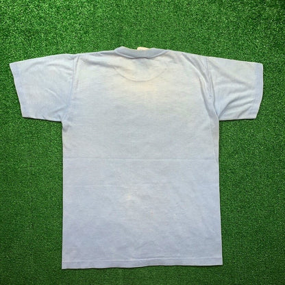 Vintage Nike T Shirt USA Rare Thrashed Blue Travis Block Print Quad Pinwheel 70s