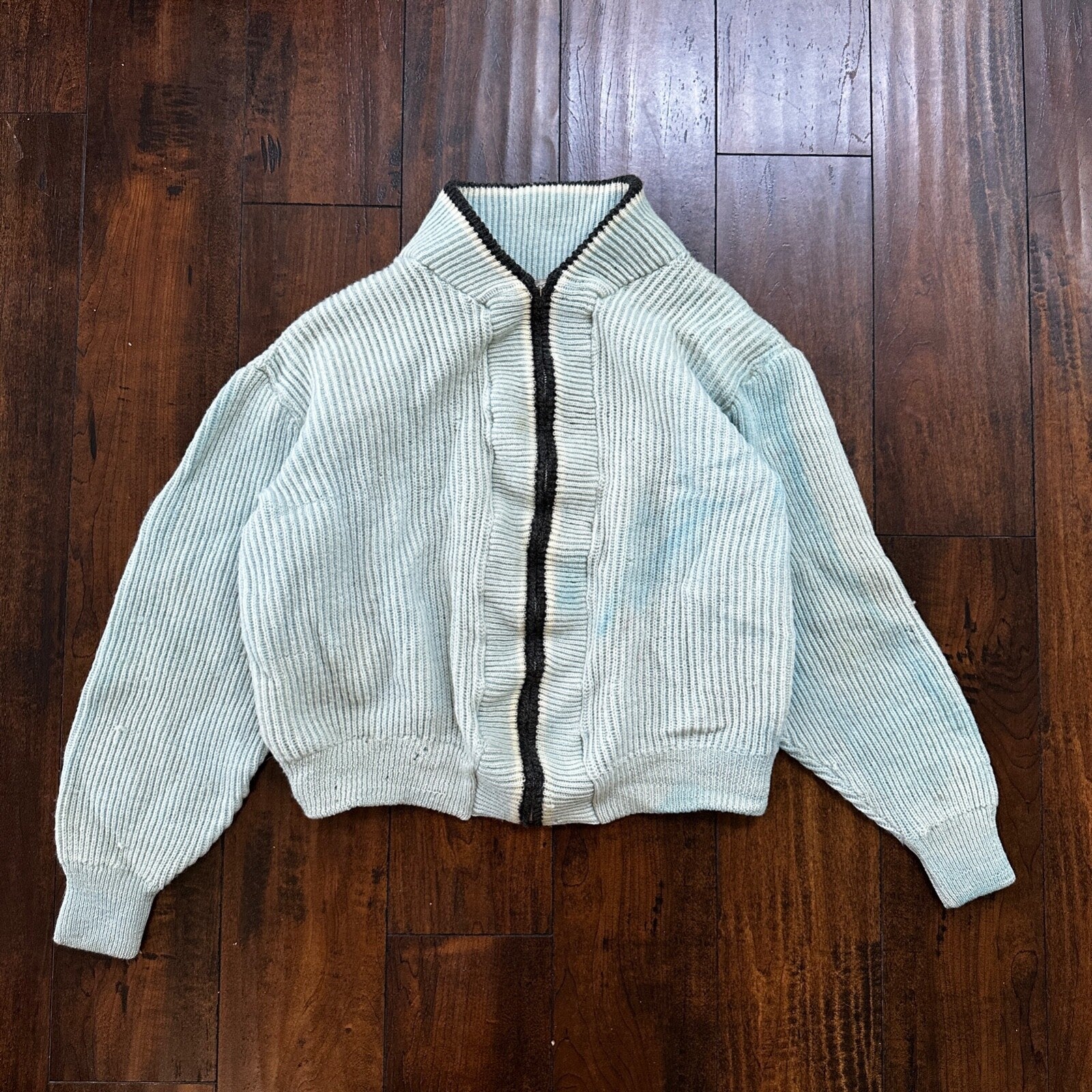 VTG 70s Columbia Knit Rugby Gear Sweater Zip Up Blue Color Block Made In USA