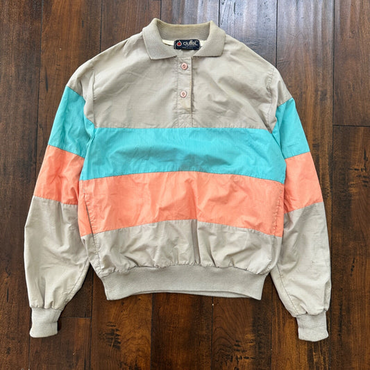 VTG 80s Duffel Pink Blue Strip Collared Pullover Windbreaker Womens L Colorblock