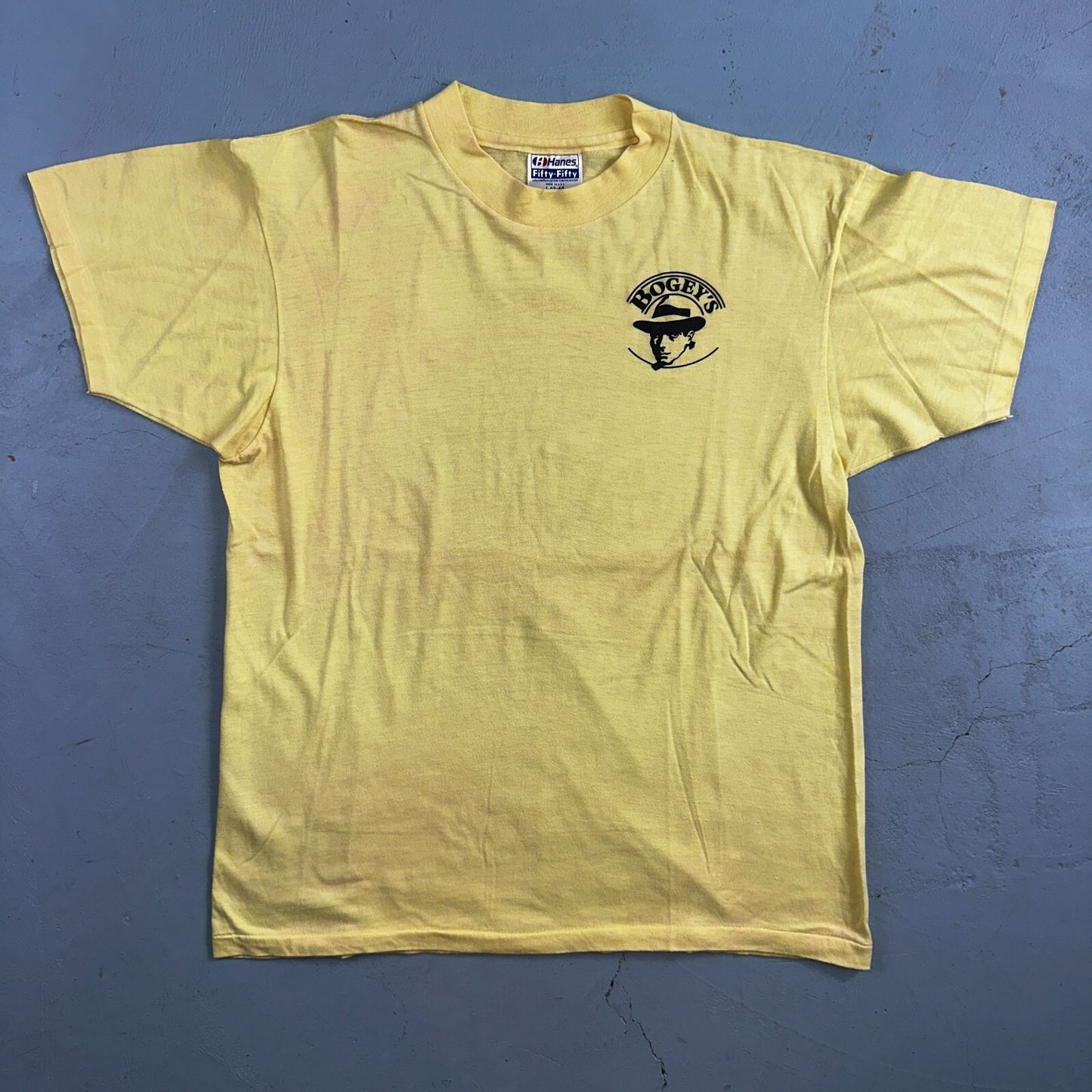 Hanes Bogeys VTG T Shirt Single Stitch Yellow Art Promo Large Classic Fun 50