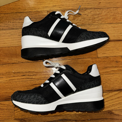 Size 7 Michael Kors Mabel Sneakers Coated MK Canvas Trainer Black MK Logo