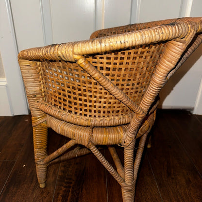VTG 70s Cane Rattan Wicker Ceylon Natural Cane Seat Kids Chair 1970s Cat Cute
