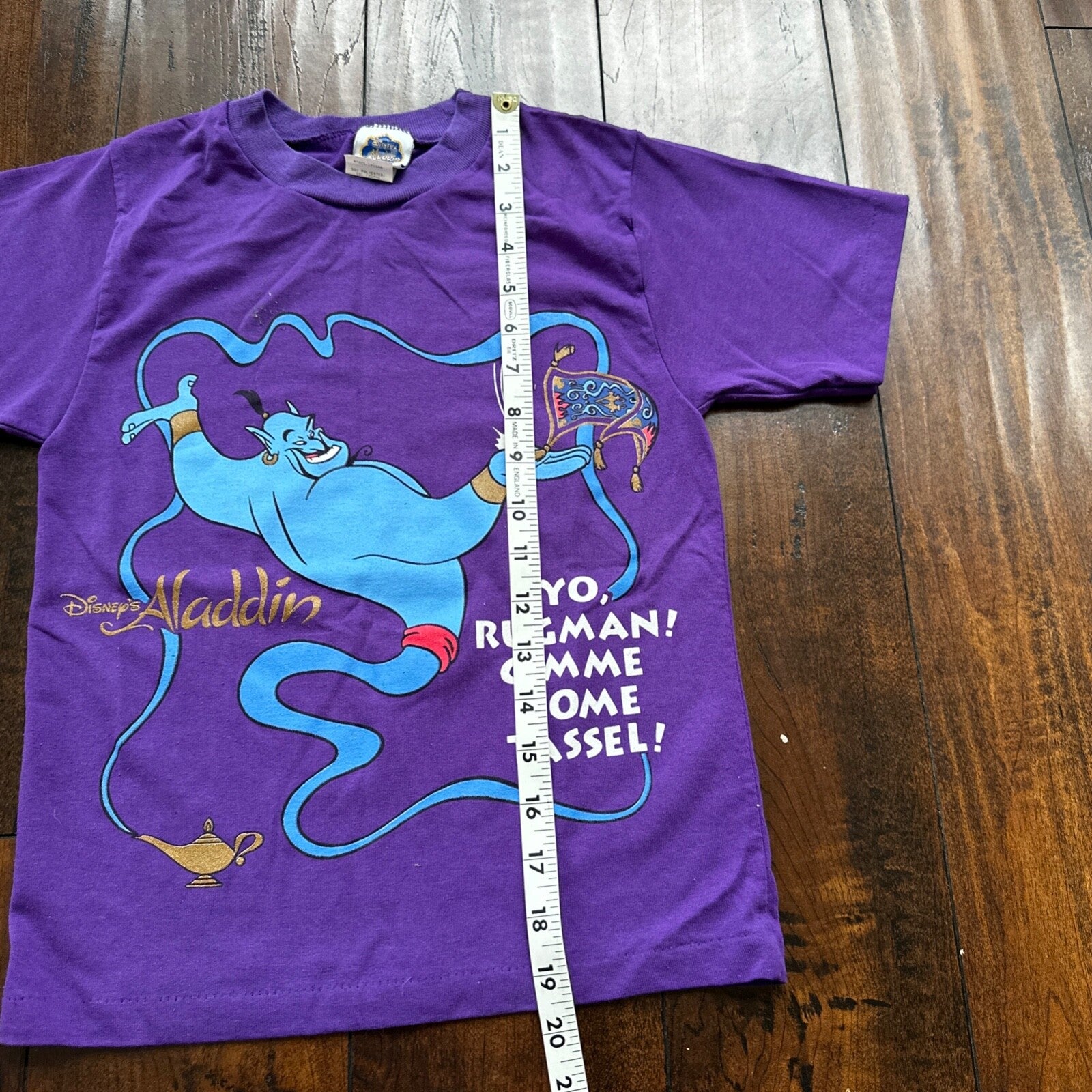 Aladdin Genie Purple AOP Vintage T Shirt 90s Single Stitch Kids Medium Disney