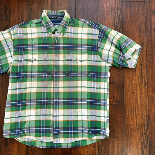 Wrangler Shirt 2XL XXL Green Blue Plaid Cowboy 90s Western Button Casual Mens
