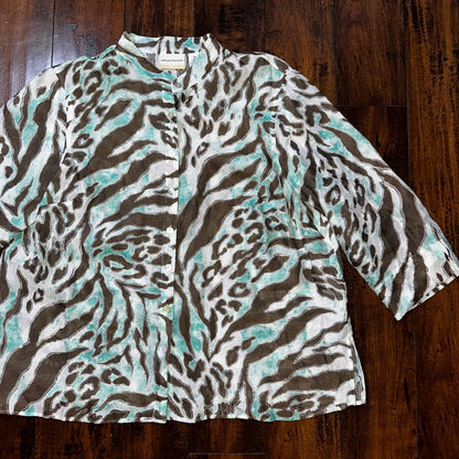 Alfred Dunner 3/4 Sleeve Button Shirt Up Tropical Floral Print Blouse Tiger Strp