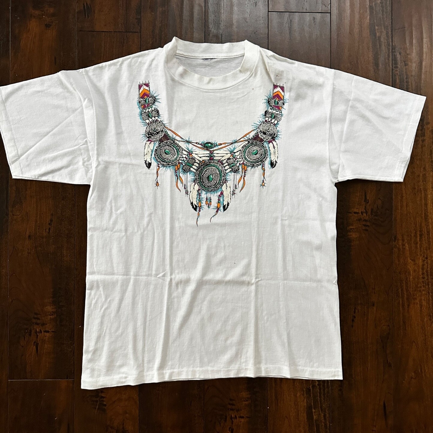 Traditional White Vintage T Shirt Art Necklace Tribal Drive 90s Single Stitch