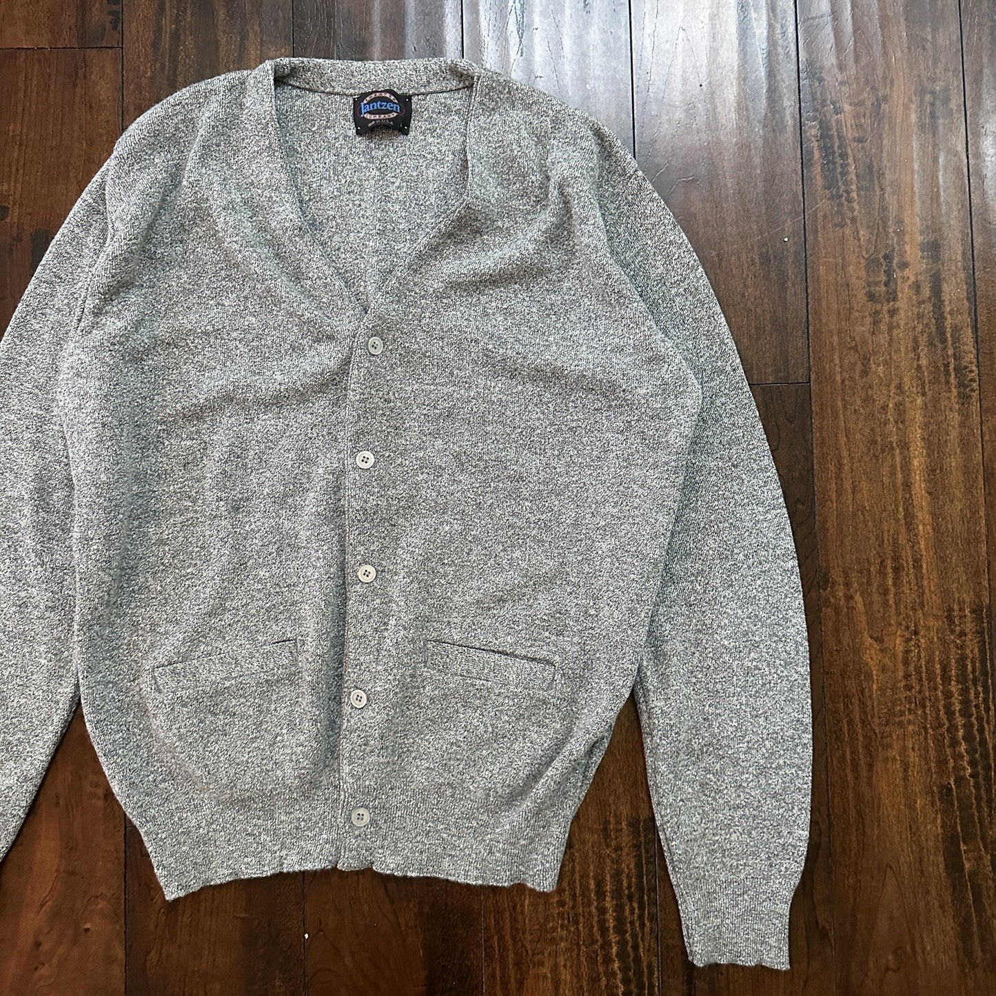 VTG 70s Jantzen Gray Wool Dave Marr Grandpa Cardigan Sweater Rockabilly L USA