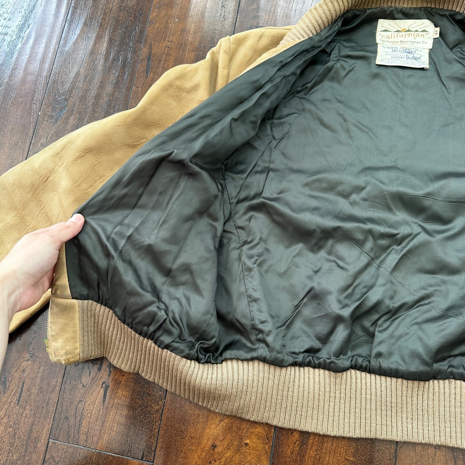 VTG 1950s DuPont Quilon Jacket Tan Suede Leather Lined Bomber 44 Rockabilly