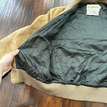 VTG 1950s DuPont Quilon Jacket Tan Suede Leather Lined Bomber 44 Rockabilly