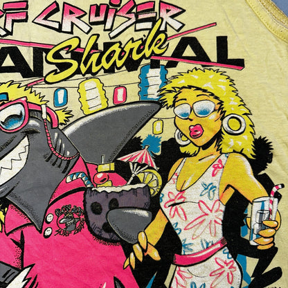 VTG 90s Ron Jons Surf Shop Tank Shirt Yellow Shark Ski Doo Cartoon USA Hot Girl