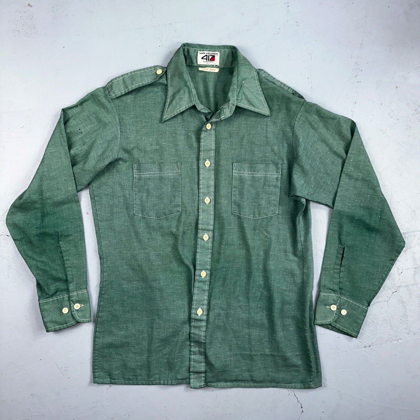 Vintage Van Huesen 417 Men's Long Sleeve Green Shirt Button Down Vanopress 70s