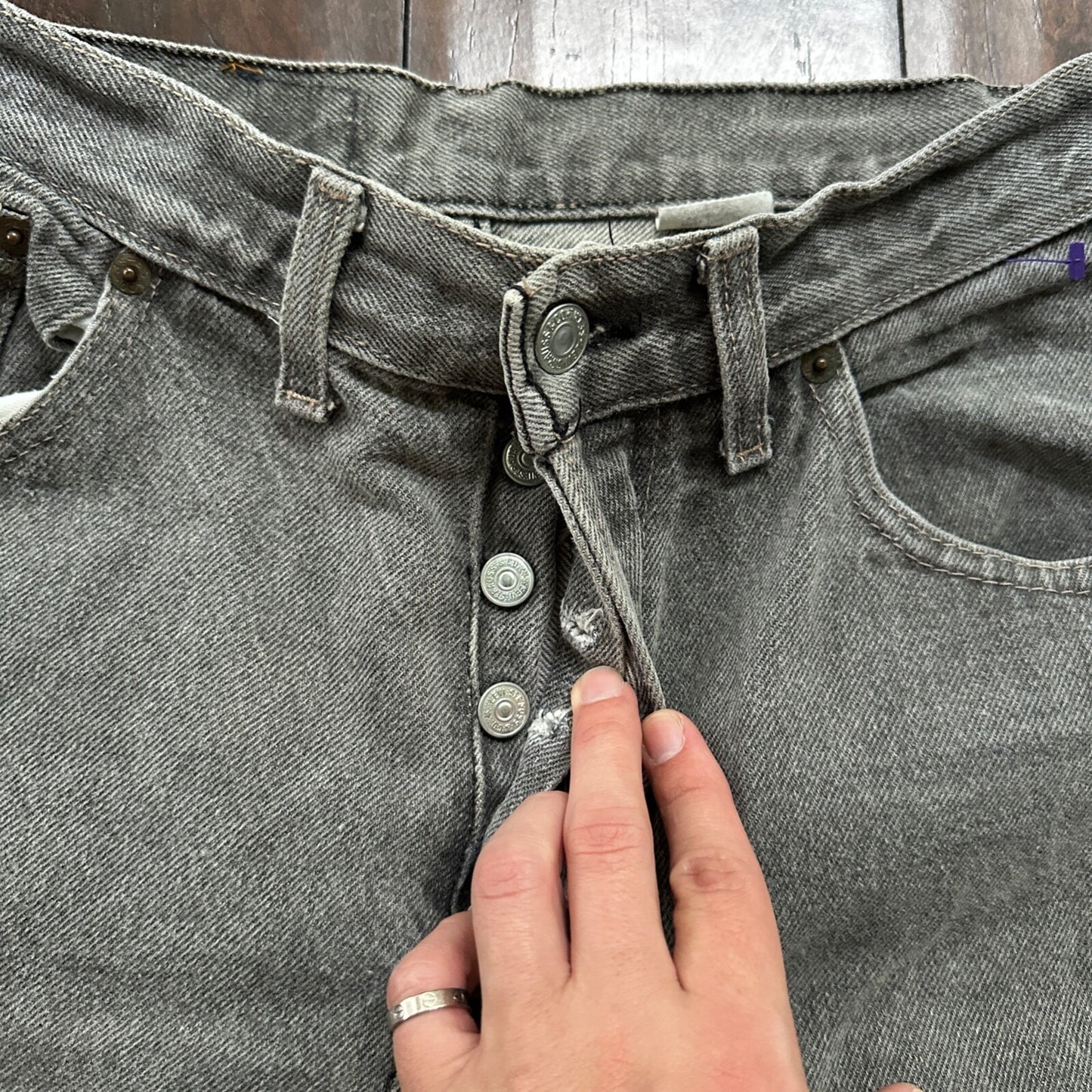 VTG 90s Levis 501 Button Fly 27x30 USA Tag Jeans Straight Wash Grey XX Act Faded