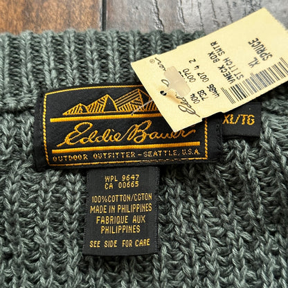 VTG Eddie Bauer Chunky Outdoor Green Knit Sweater M 90s Preppy Cardigan V Neck